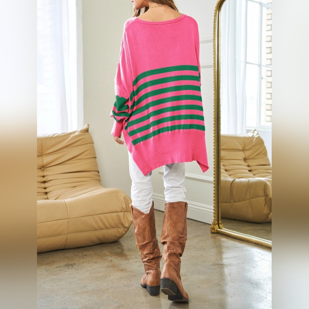 #207 🛑48 L FINAL PRICE Multi Striped Elbow Patch Loose Fit Sweater Top - Picture 4 of 10